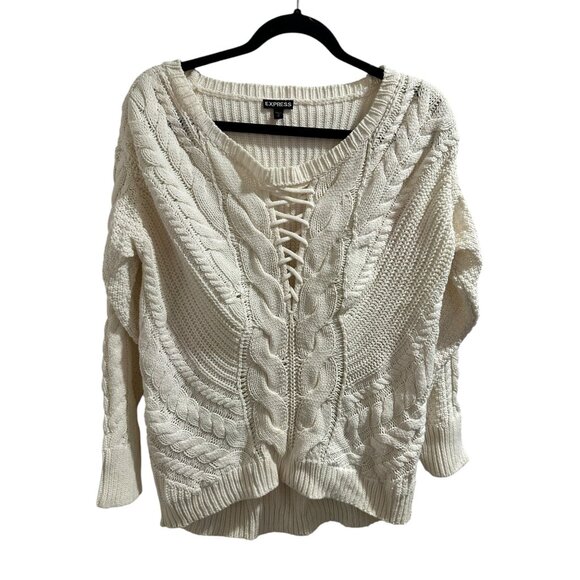 π 2/$20 πExpress Womens Cable Knit Sweater With Lace-Up Front Ivory Size S - Picture 2 of 7